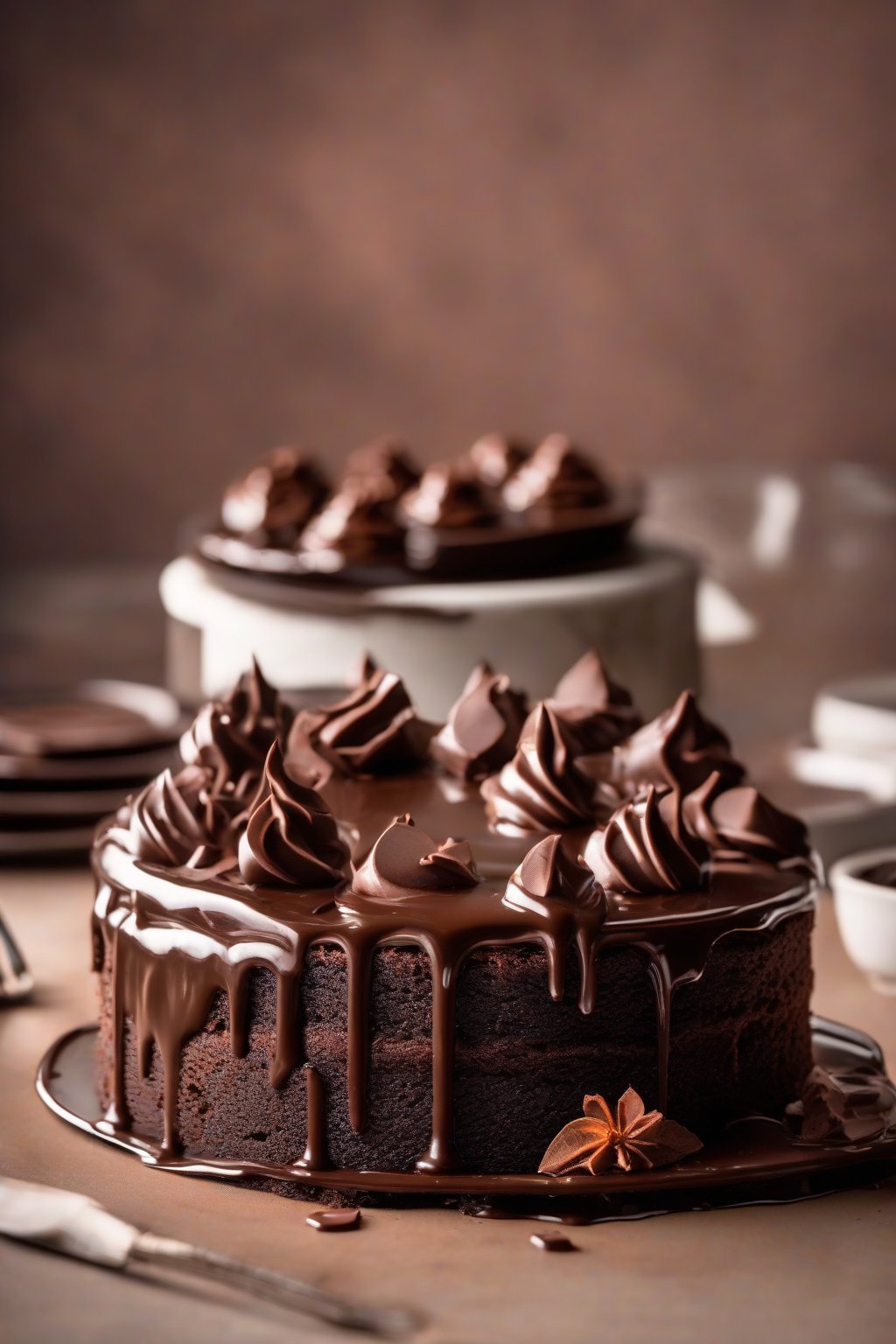 A high-resolution photo of a decadent chocolate fudge cake with glossy ganache topping under soft lighting.