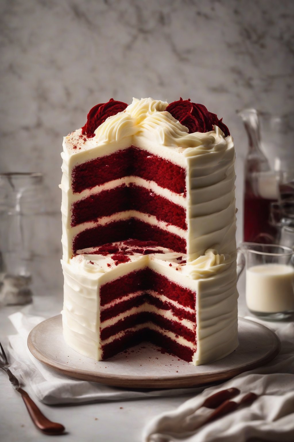 A high-resolution photo of layered red velvet cake with white cream cheese frosting under soft lighting.