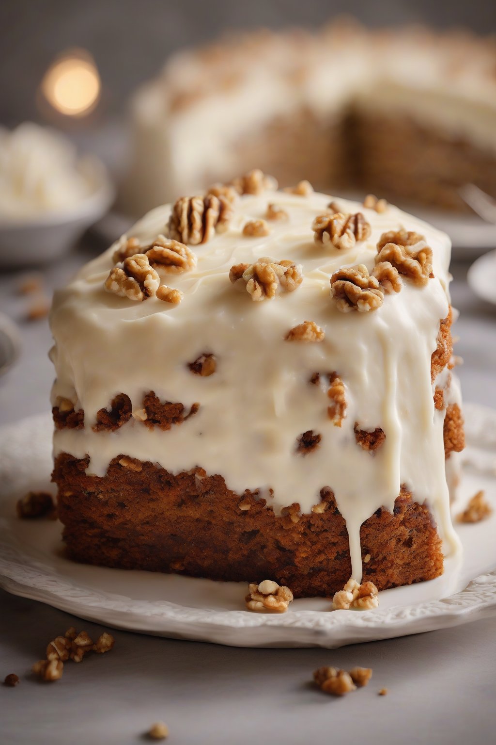 A high-resolution photo of carrot cake studded with walnuts and topped with cream cheese icing under soft lighting.