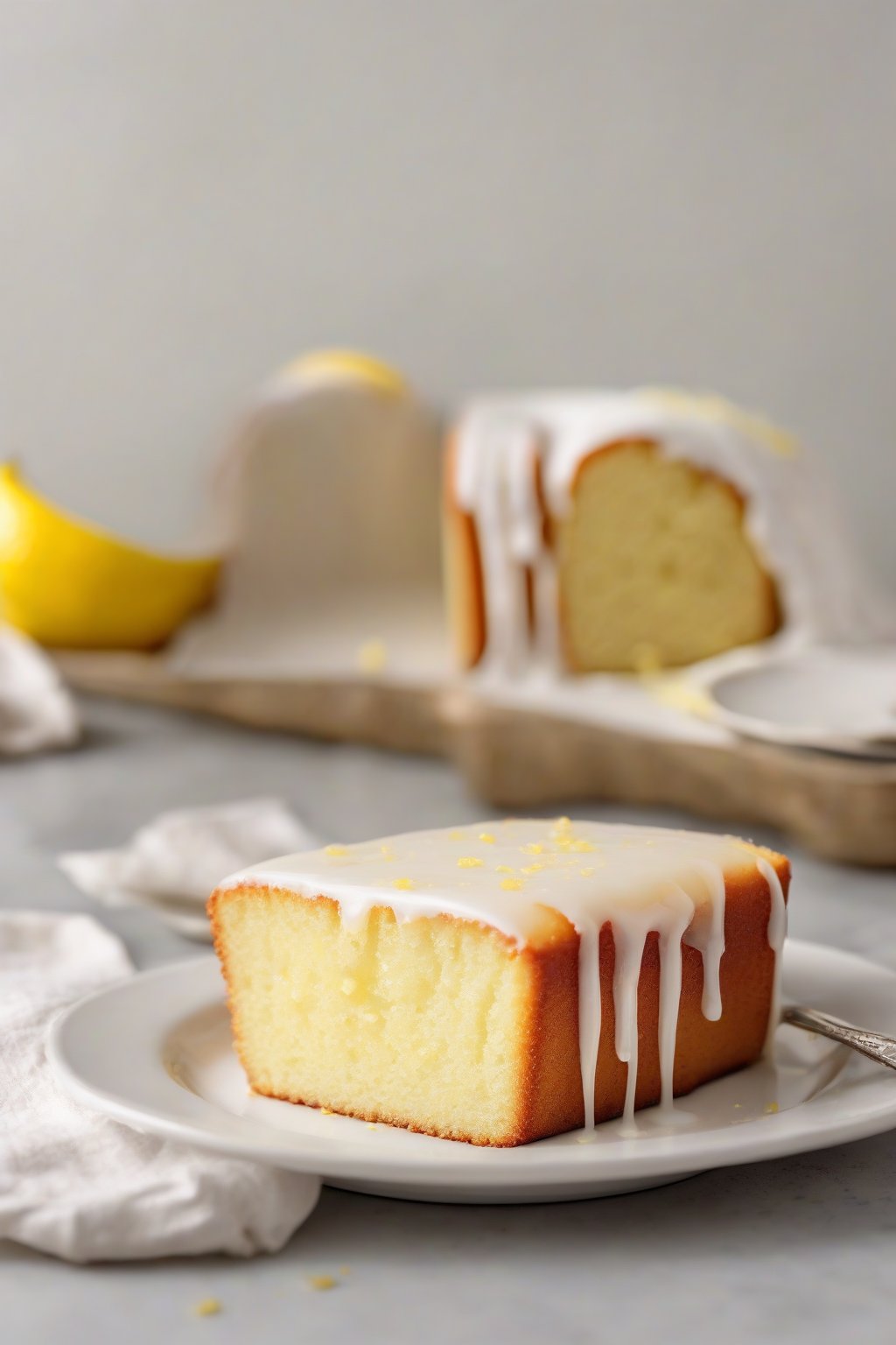A high-resolution photo of a glazed lemon pound cake slice revealing moist crumb under soft lighting.