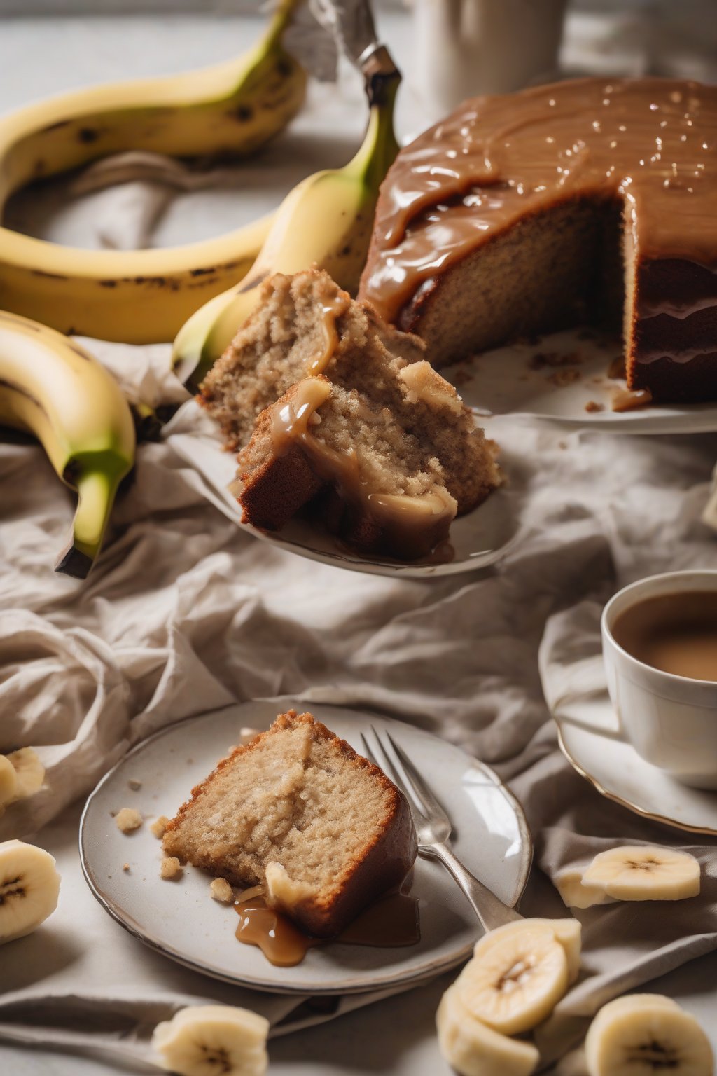 A high-resolution photo of banana cake with brown sugar glaze and banana slices under soft lighting.