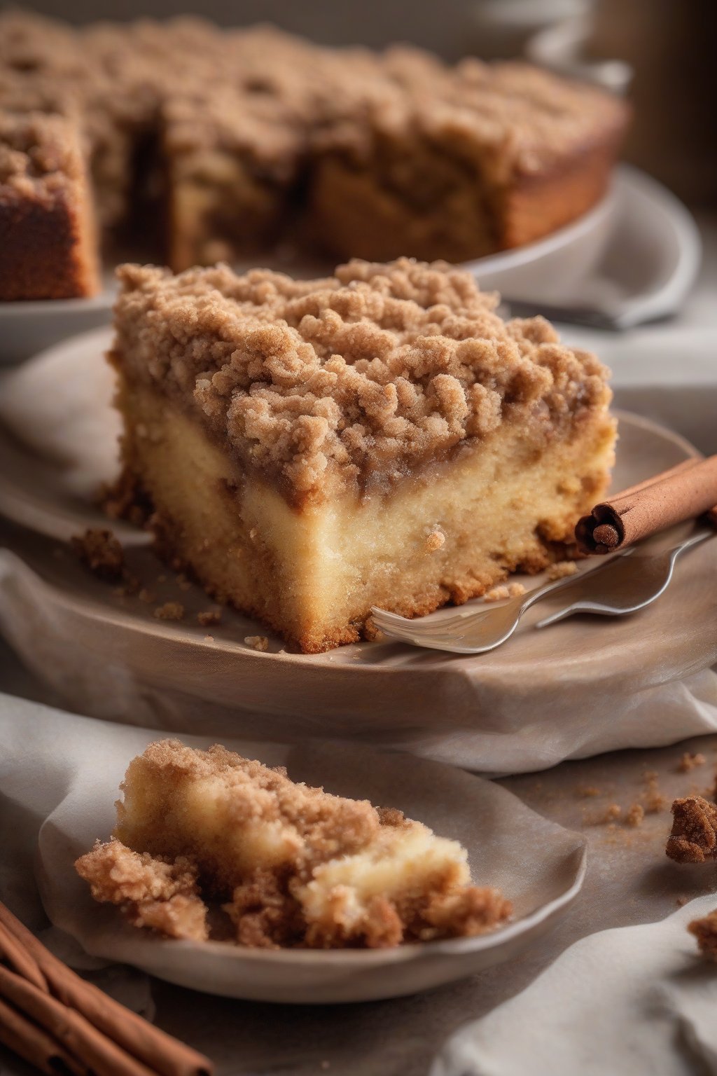 A high-resolution photo of coffee cake with thick cinnamon crumb topping under soft lighting.