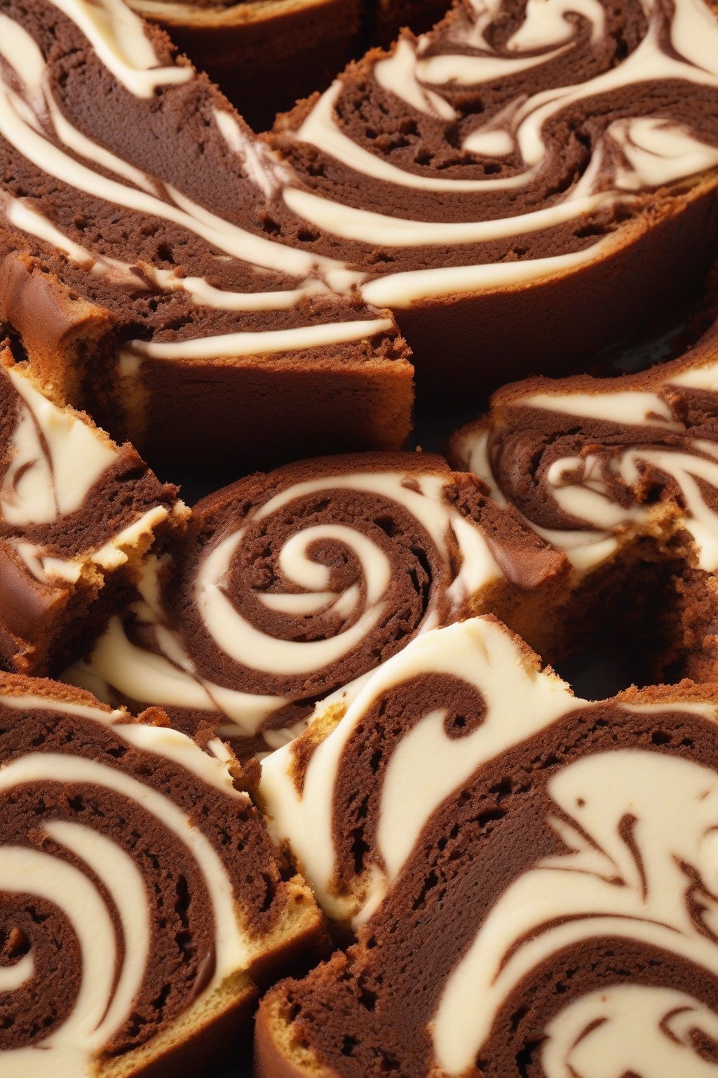 A high-resolution photo of sliced marble cake showing perfect vanilla-chocolate swirls under soft lighting.