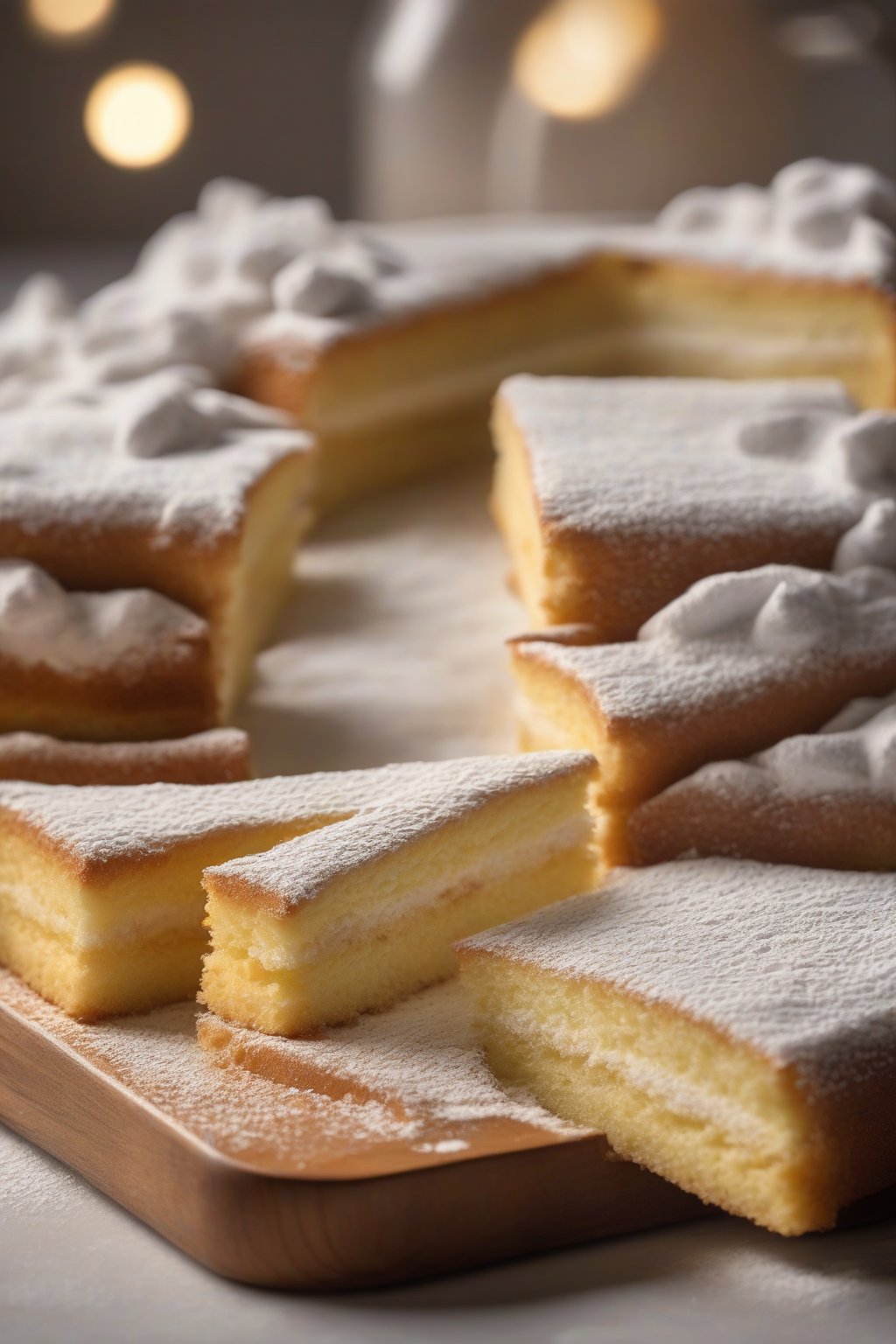 A high-resolution photo of fluffy sponge cake layers with powdered sugar dusting under soft lighting.