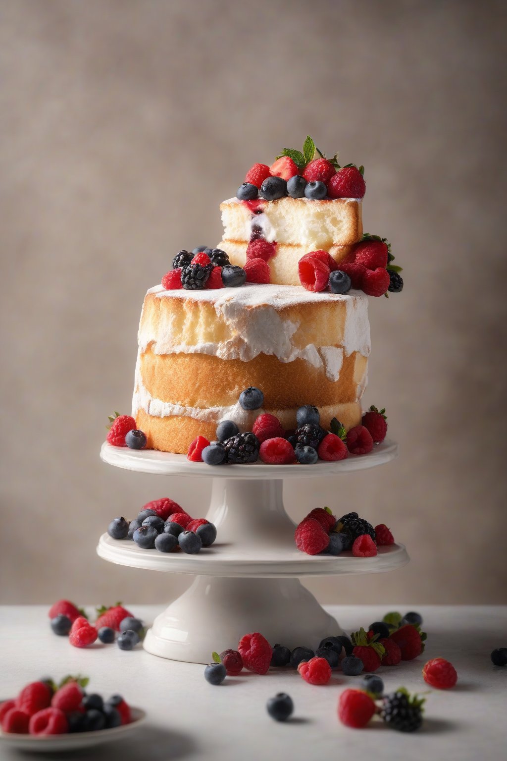 A high-resolution photo of tall angel food cake with fresh berries on a pedestal under soft lighting.