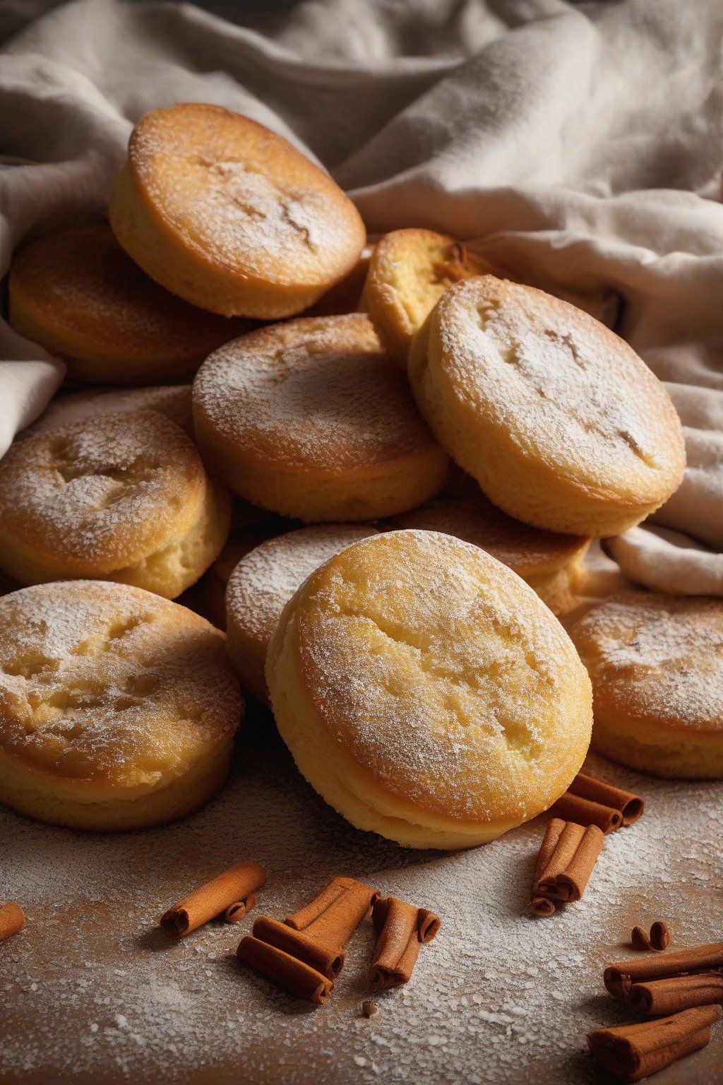A high-resolution photo of pumpkin spice English muffins dusted with powdered sugar, warm tones under soft lighting.