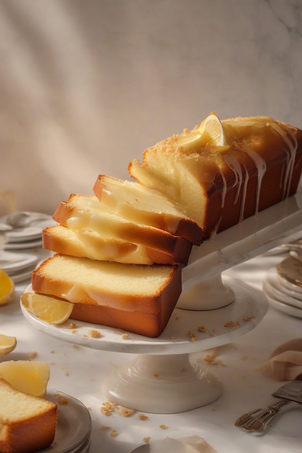 A high-resolution photo of butter pound cake with crackly top and golden slices under soft lighting.