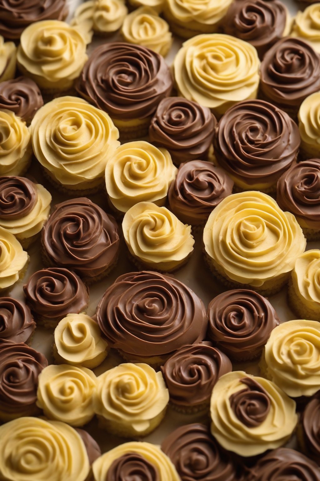 A high-resolution photo of yellow cake layers with chocolate buttercream rosettes under soft lighting.