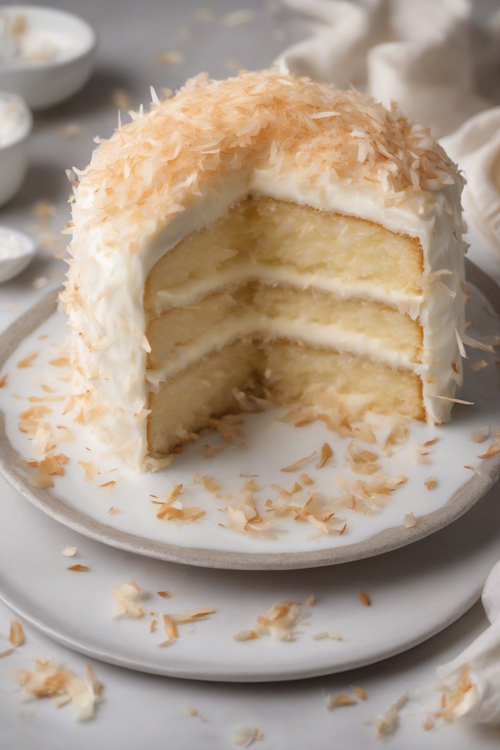 A high-resolution photo of coconut cake with toasted coconut flakes and cream filling under soft lighting.