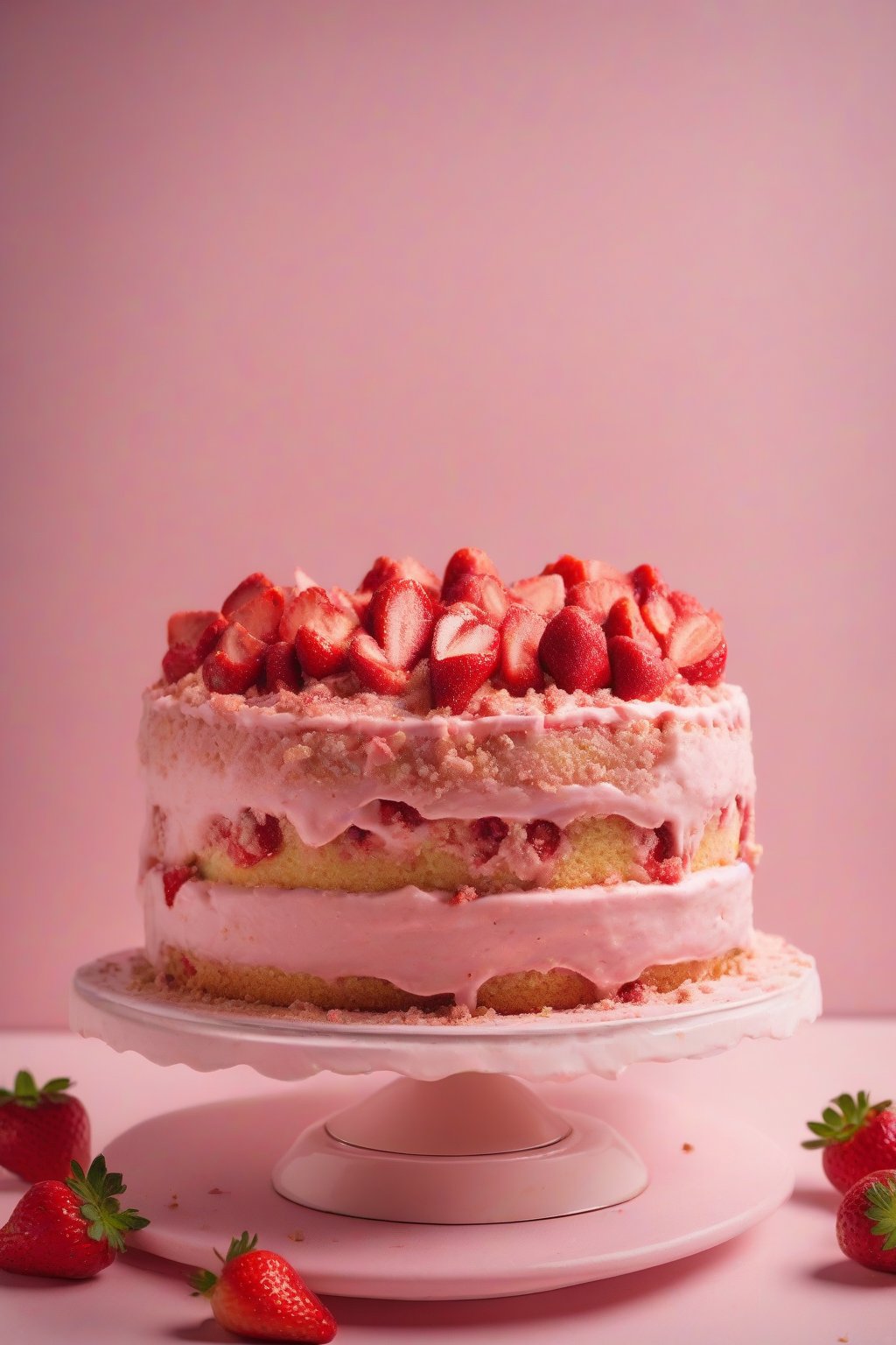 A high-resolution photo of strawberry cake with pink crumb and strawberry slices under soft lighting.