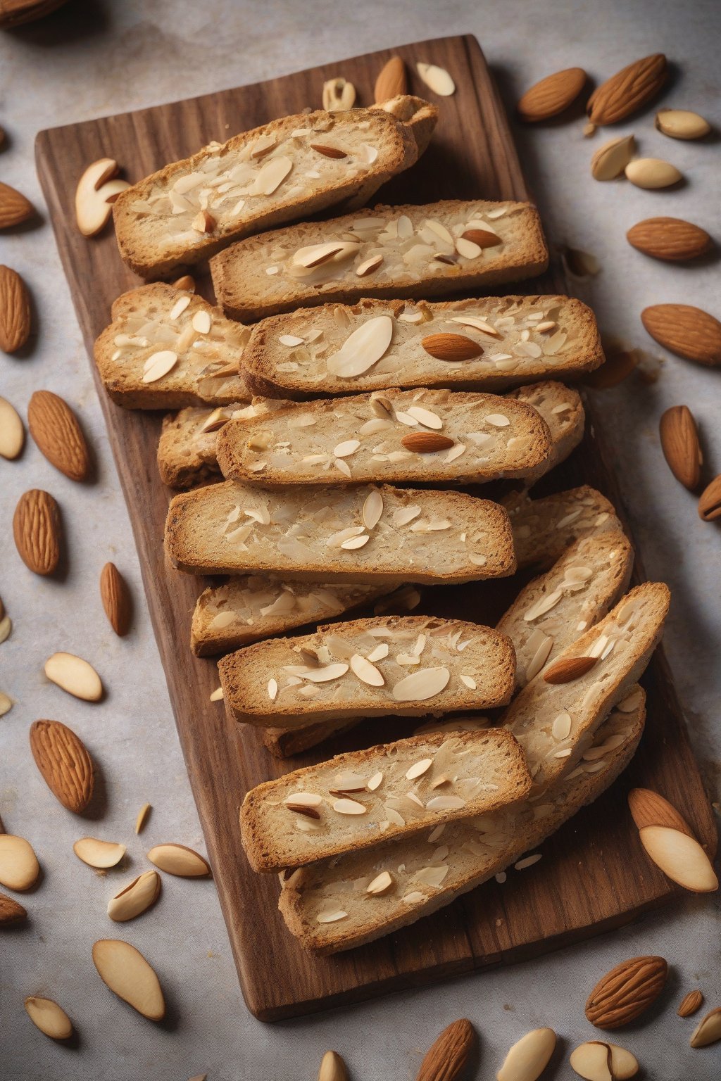 A high-resolution photo of golden, sliced traditional almond biscotti arranged on a rustic wooden board, scattered with slivered almonds, under soft lighting.