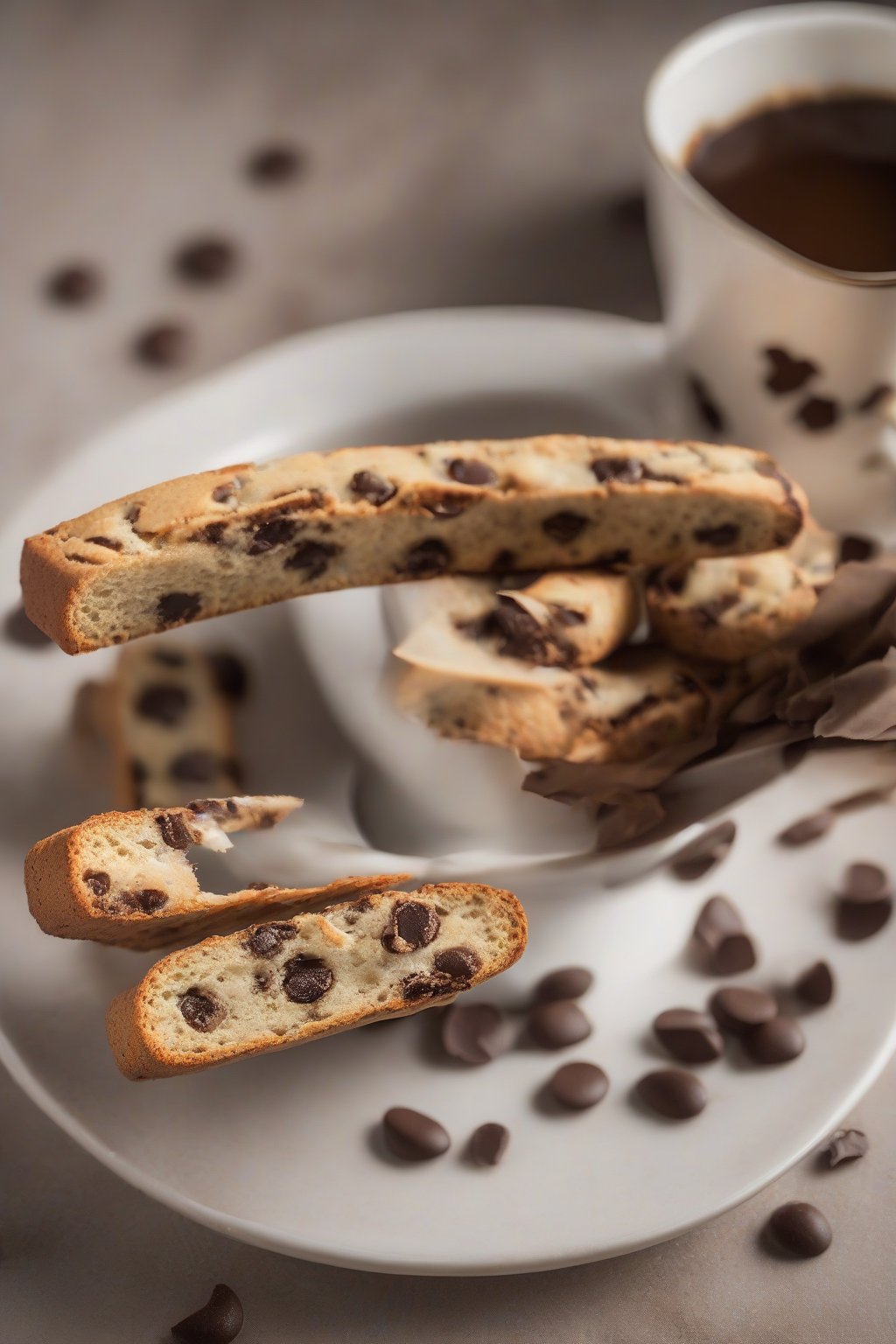A high-resolution photo of chocolate chip almond biscotti with oozing chips, stacked invitingly beside a coffee cup, under soft lighting.