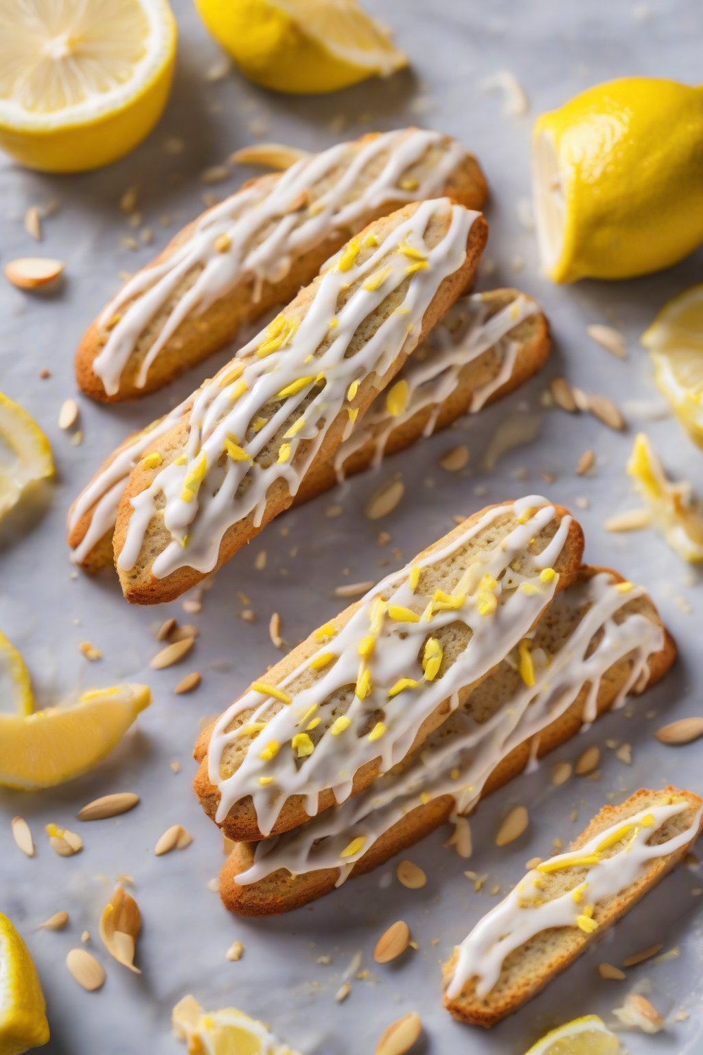 A high-resolution photo of vibrant lemon zest almond biscotti drizzled with glaze, fresh lemon slices nearby, under soft lighting.