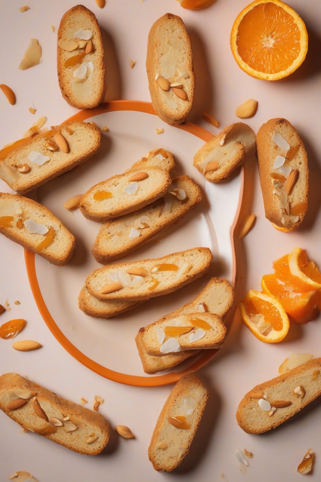 A high-resolution photo of orange-infused almond biscotti with candied peel accents, on an orange-hued plate, under soft lighting.