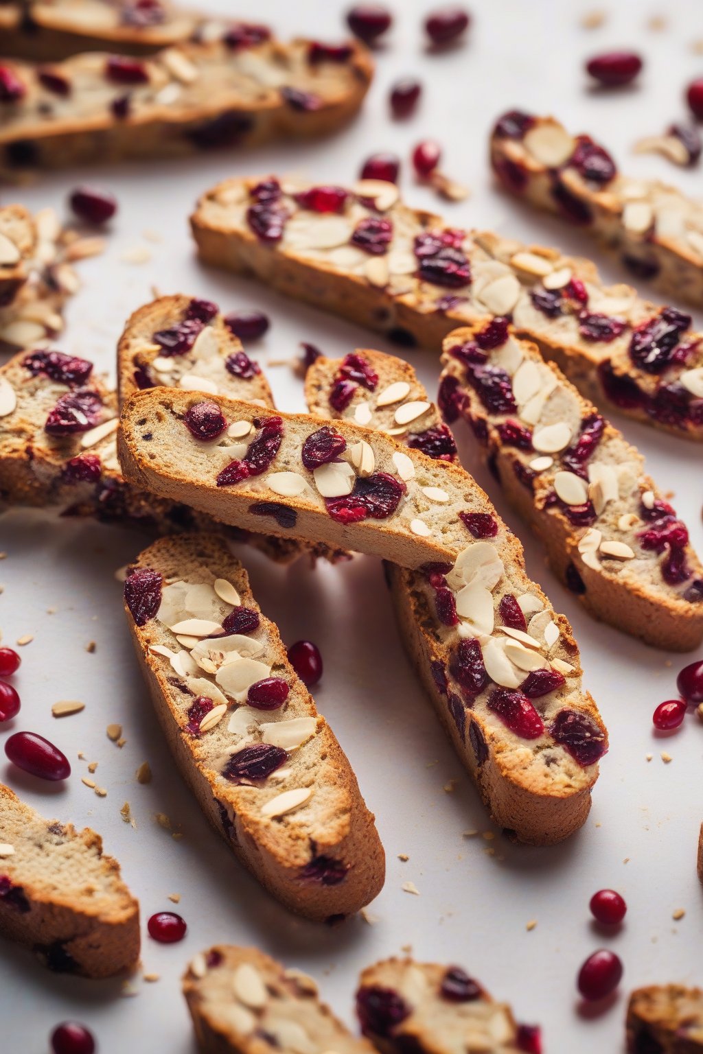 A high-resolution photo of cranberry-studded almond biscotti, ruby berries popping against golden slices, under soft lighting.