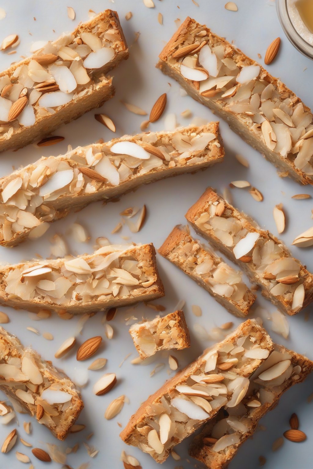 A high-resolution photo of coconut flake-topped almond biscotti, tropical vibes with almond slivers, under soft lighting.