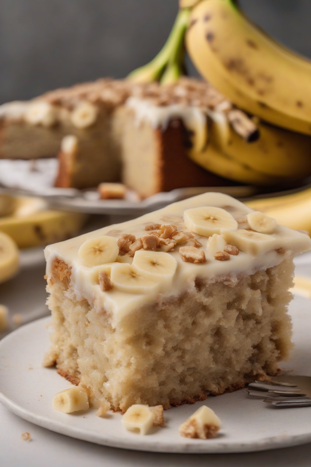 A high-resolution close-up photo of banana cake with visible banana chunks, a slice revealing soft texture, under soft lighting.
