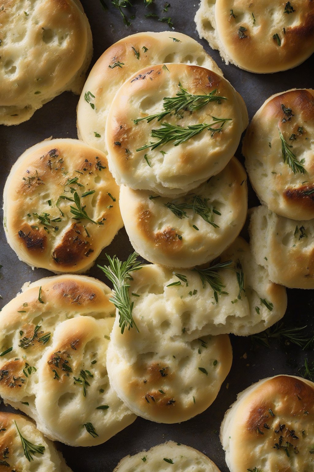 A high-resolution photo of garlic herb English muffins brushed with oil, aromatic steam visible under soft lighting.