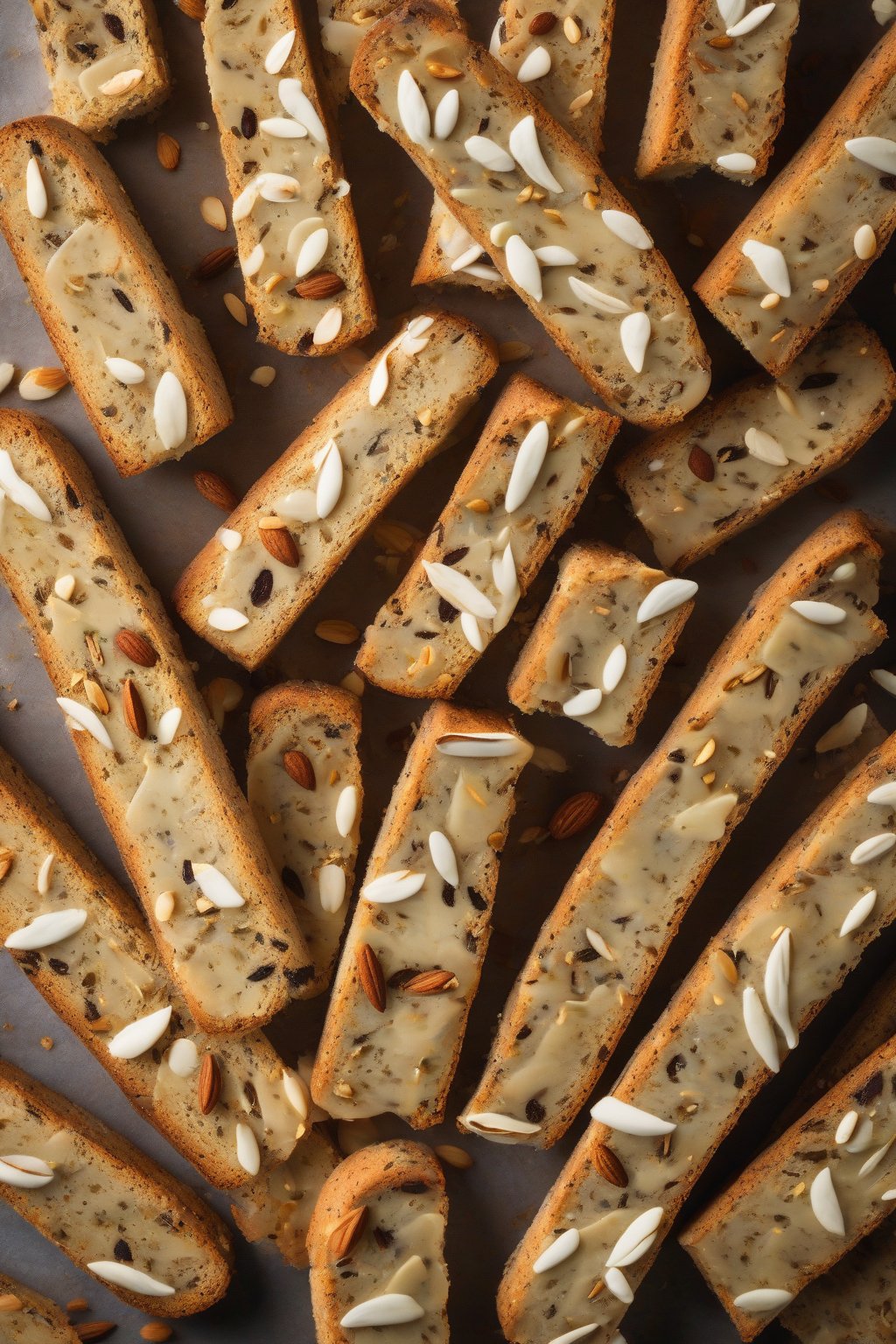 A high-resolution photo of anise-seed flecked almond biscotti, aromatic and rustic, under soft lighting.