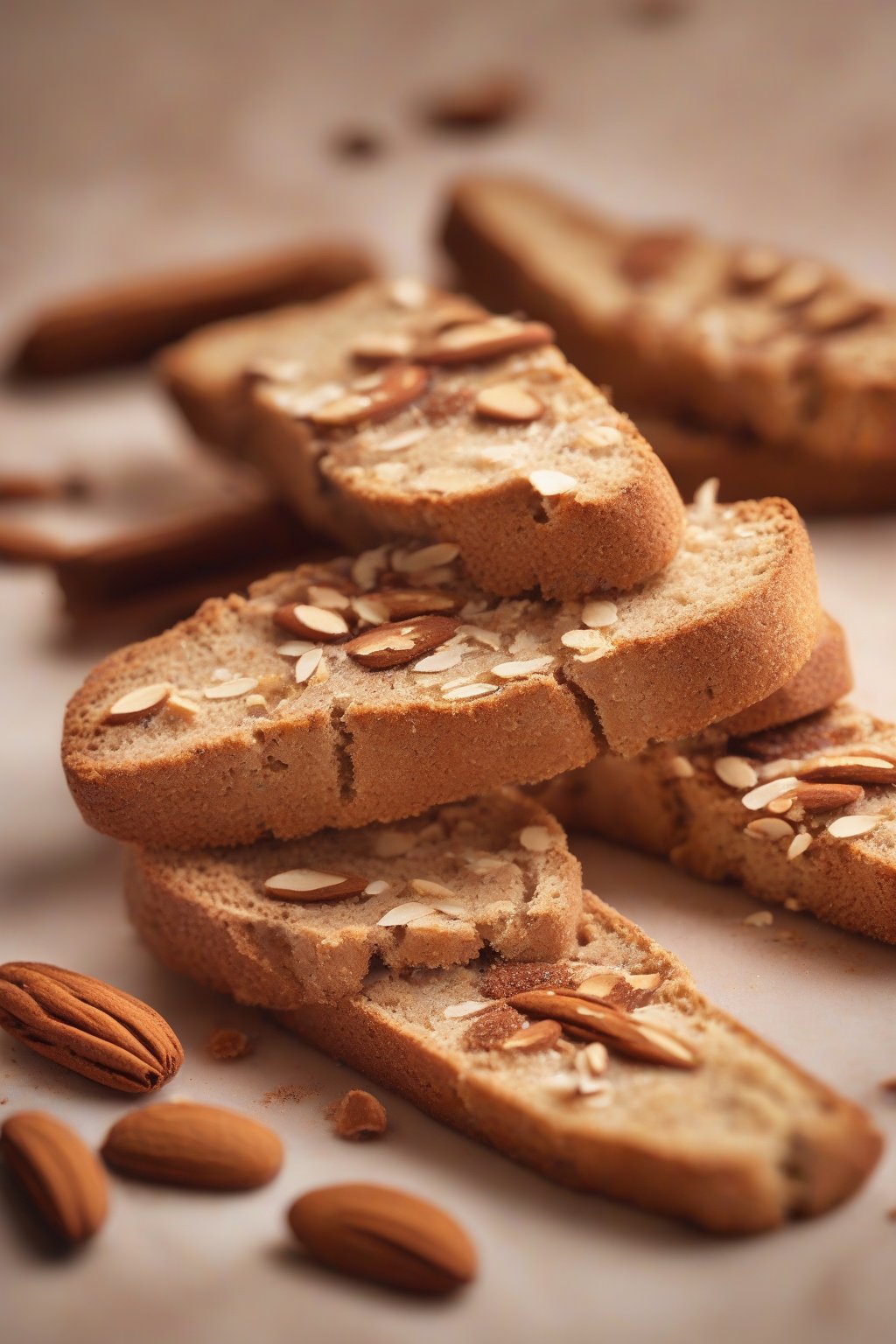 A high-resolution photo of cinnamon-dusted almond biscotti, warm tones glowing, under soft lighting.