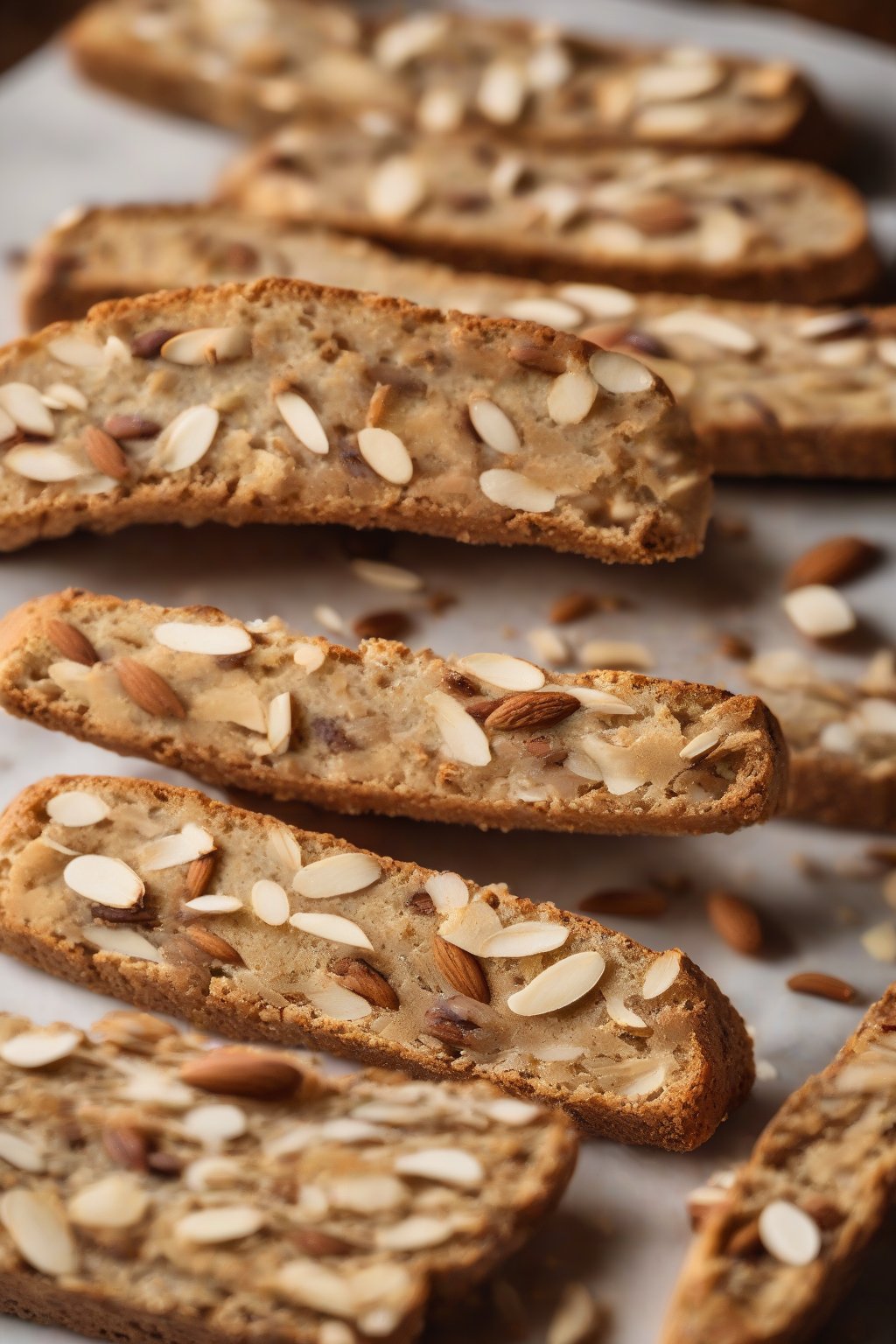 A high-resolution photo of vanilla-flecked almond biscotti, beans visible in the crumb, under soft lighting.