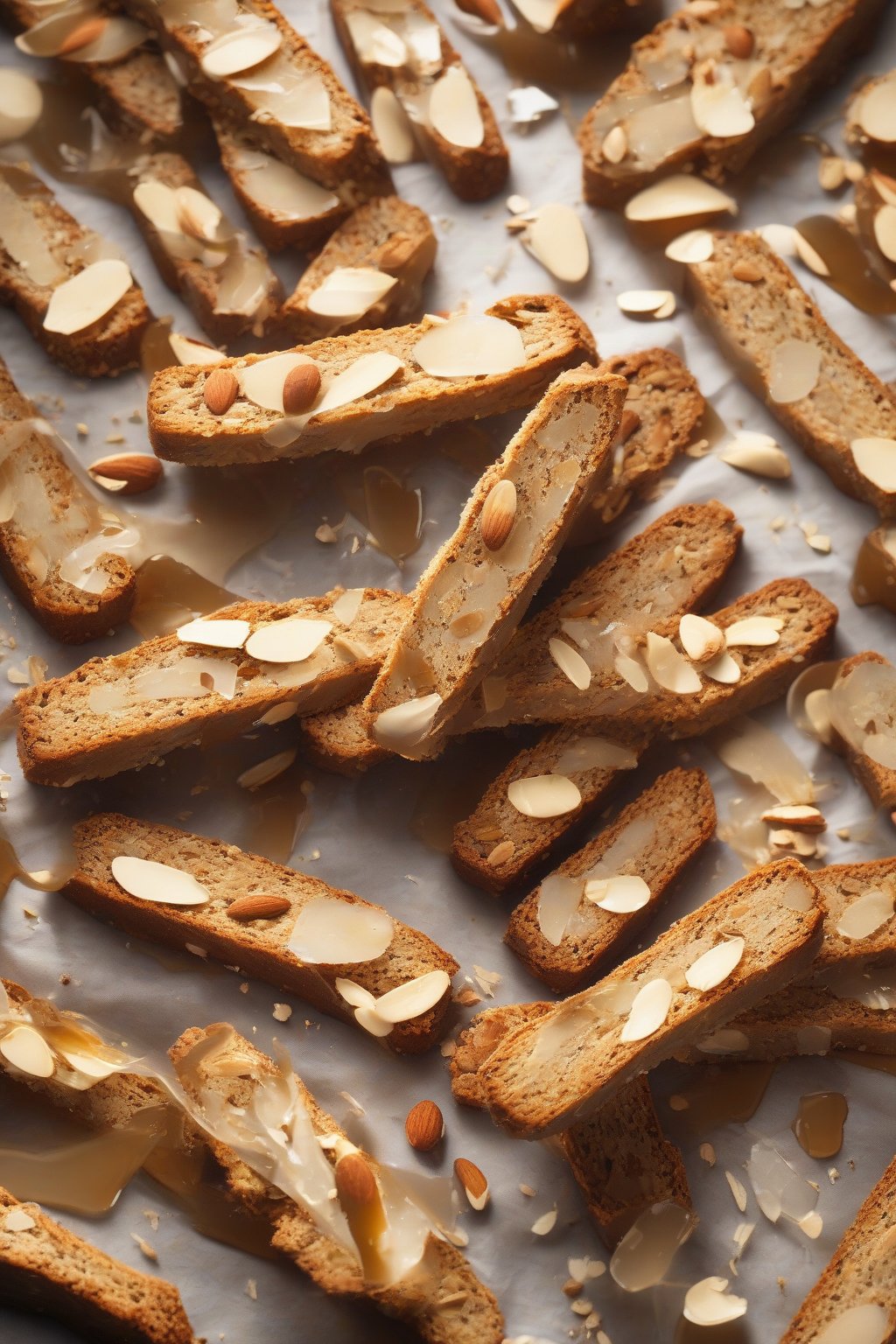 A high-resolution photo of glossy honey-roasted almond biscotti, shards glistening, under soft lighting.