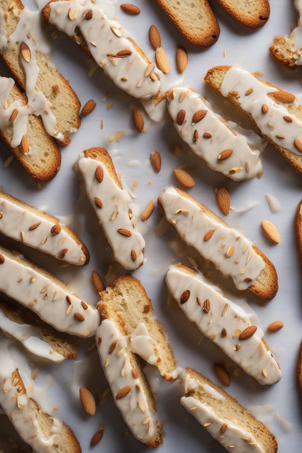 A high-resolution photo of amaretto-glazed almond biscotti, elegant slices with liqueur sheen, under soft lighting.