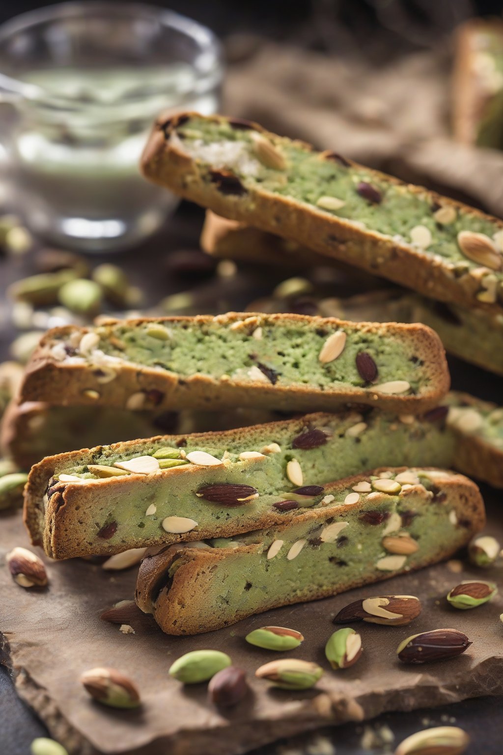 A high-resolution photo of green pistachio and almond biscotti, vibrant nuts embedded, under soft lighting.