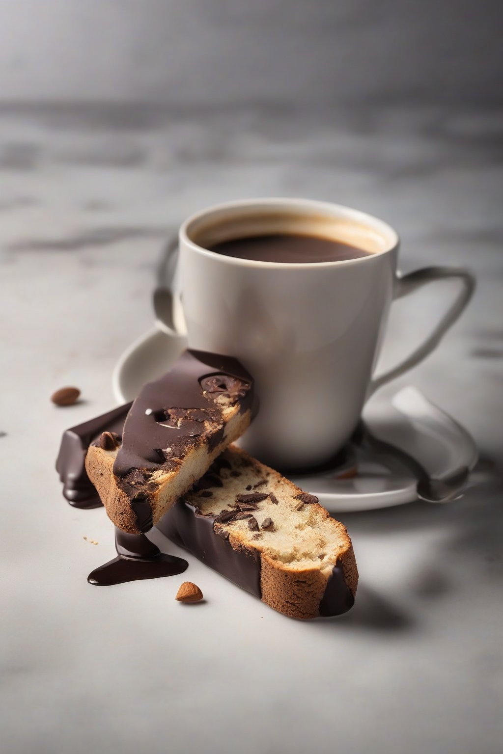 A high-resolution photo of dark chocolate-dipped almond biscotti, half-submerged in a coffee cup illusion, under soft lighting.