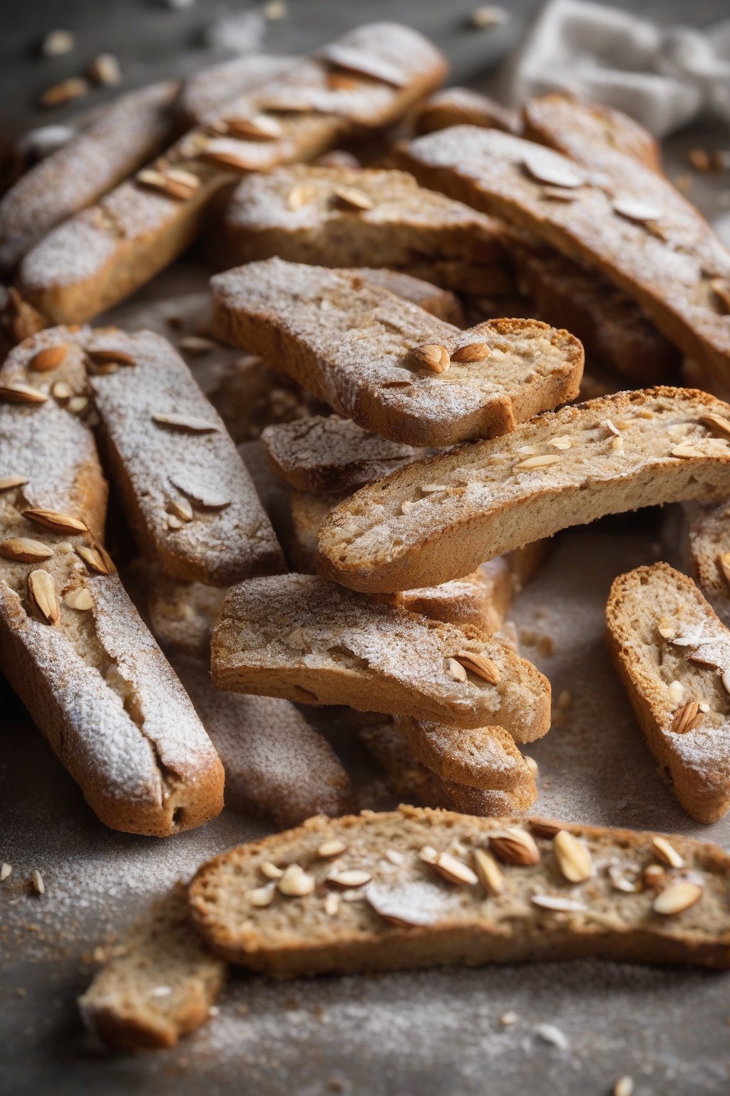 A high-resolution photo of spice-kissed cardamom almond biscotti, powdered sugar dusting, under soft lighting.