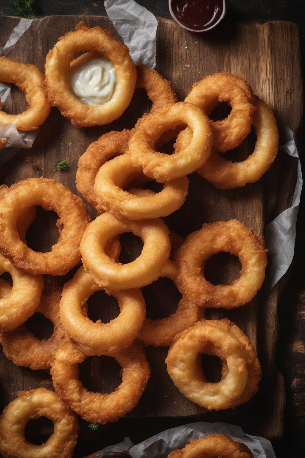 A high-resolution photo of golden classic beer batter onion rings piled high on a rustic wooden board under soft lighting.