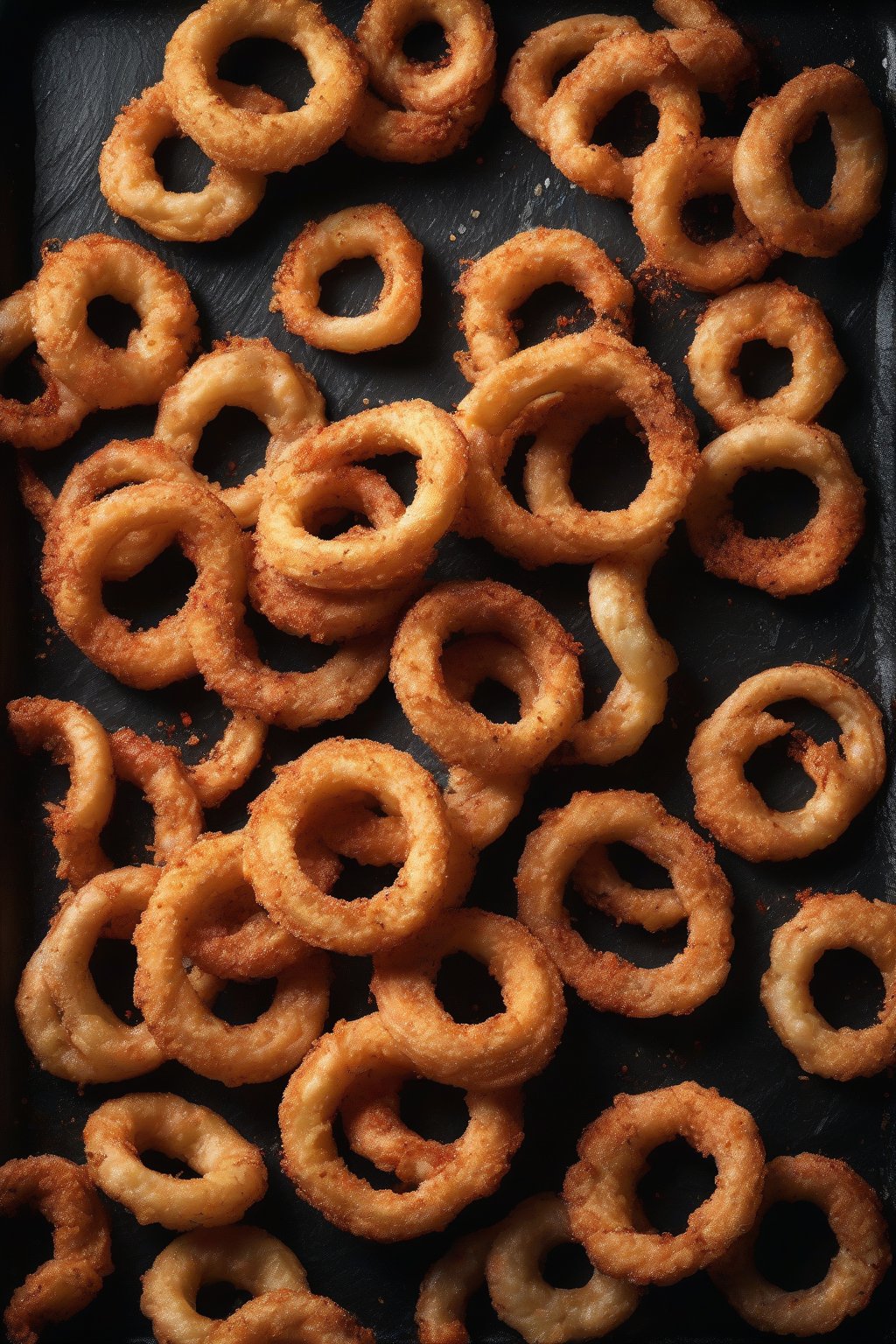 A high-resolution photo of spicy Cajun batter onion rings with red seasoning flecks, steaming on a black slate under soft lighting.