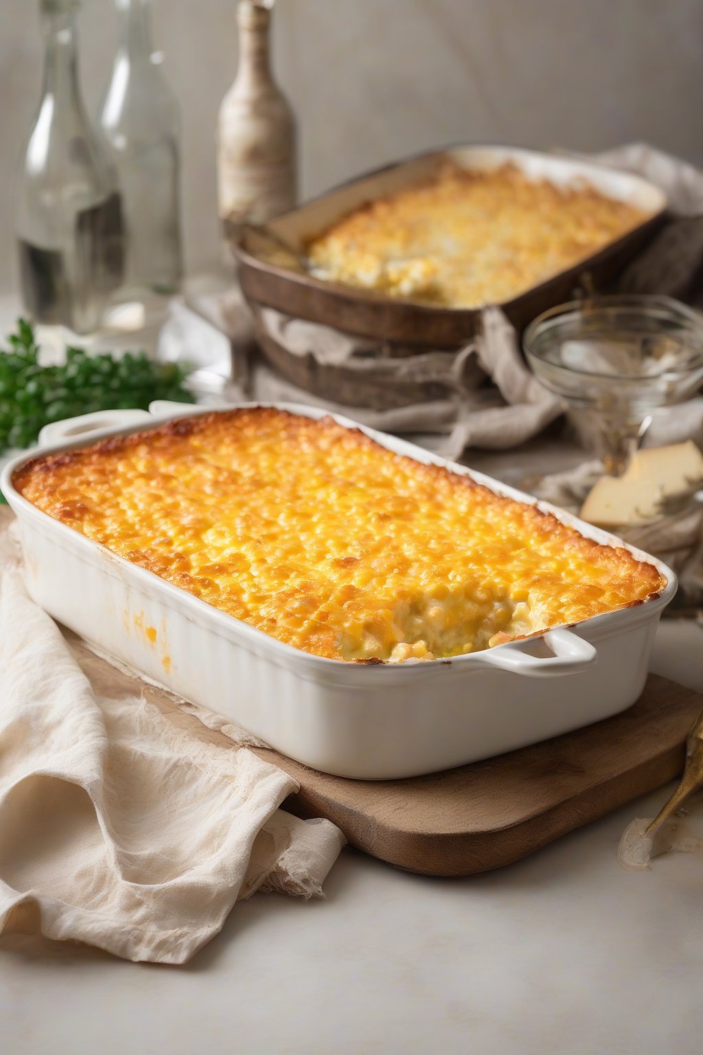 A high-resolution photo of the golden-baked classic cheesy Jiffy corn casserole, bubbly with melted cheddar on top, under soft lighting.