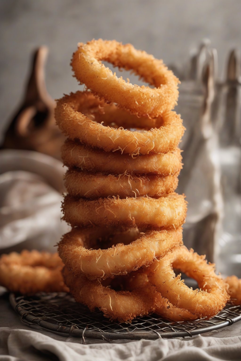 A high-resolution photo of extra-crispy panko onion rings stacked in a wire basket under soft lighting.