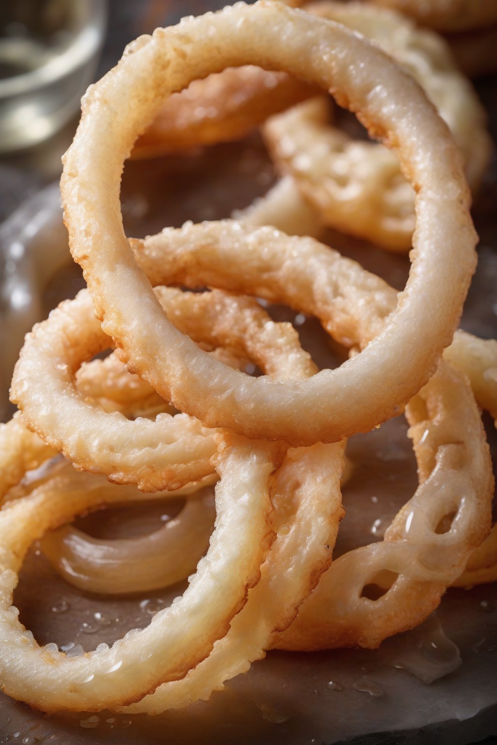 A high-resolution photo of tangy buttermilk onion rings with droplets of condensation under soft lighting.
