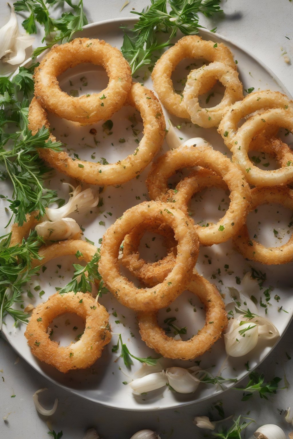 A high-resolution photo of herb-flecked garlic onion rings on a herb-sprinkled plate under soft lighting.