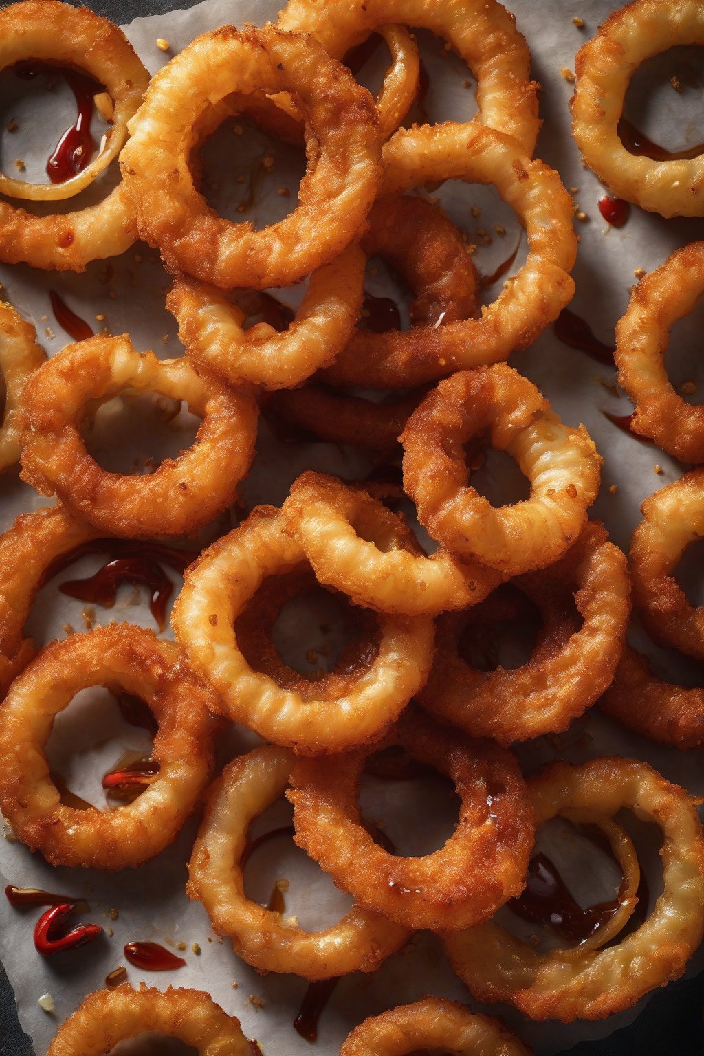A high-resolution photo of glossy sweet-spicy chili onion rings drizzled with honey under soft lighting.