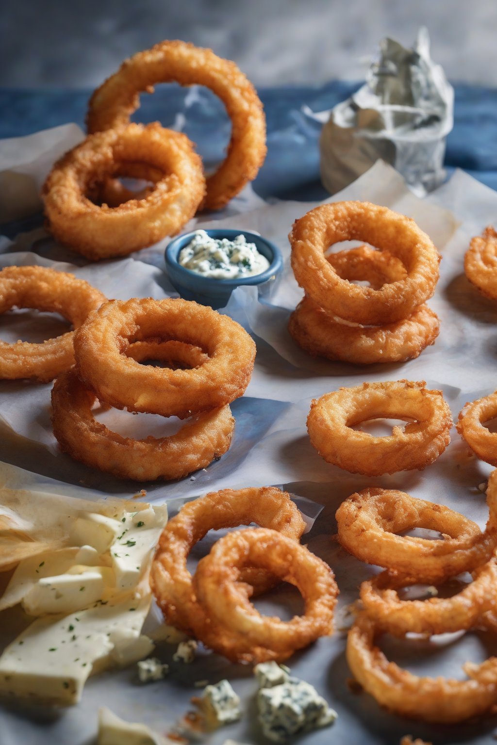 A high-resolution photo of fiery buffalo onion rings next to blue cheese swirl under soft lighting.