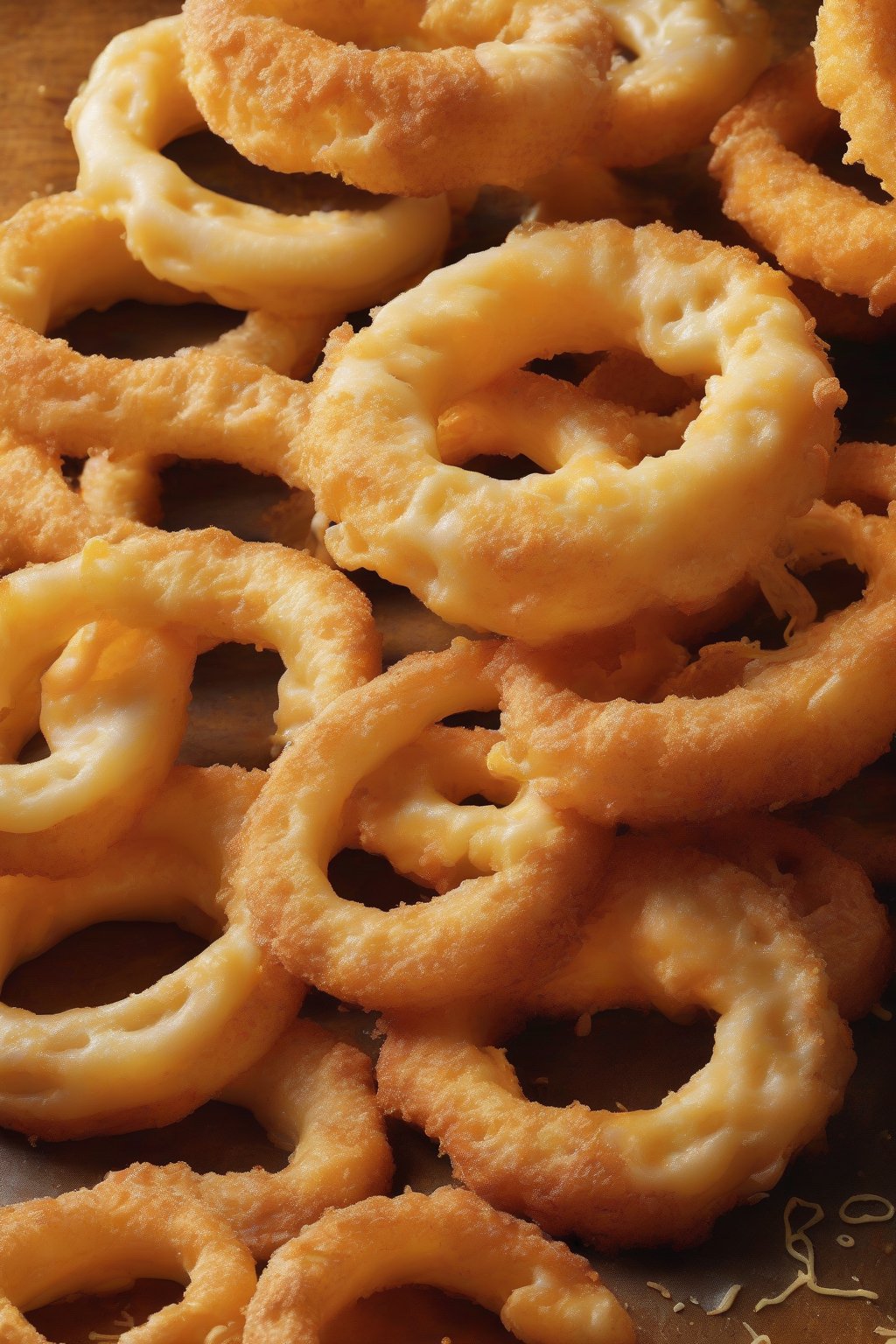 A high-resolution photo of cheesy beer onion rings oozing melted cheddar under soft lighting.