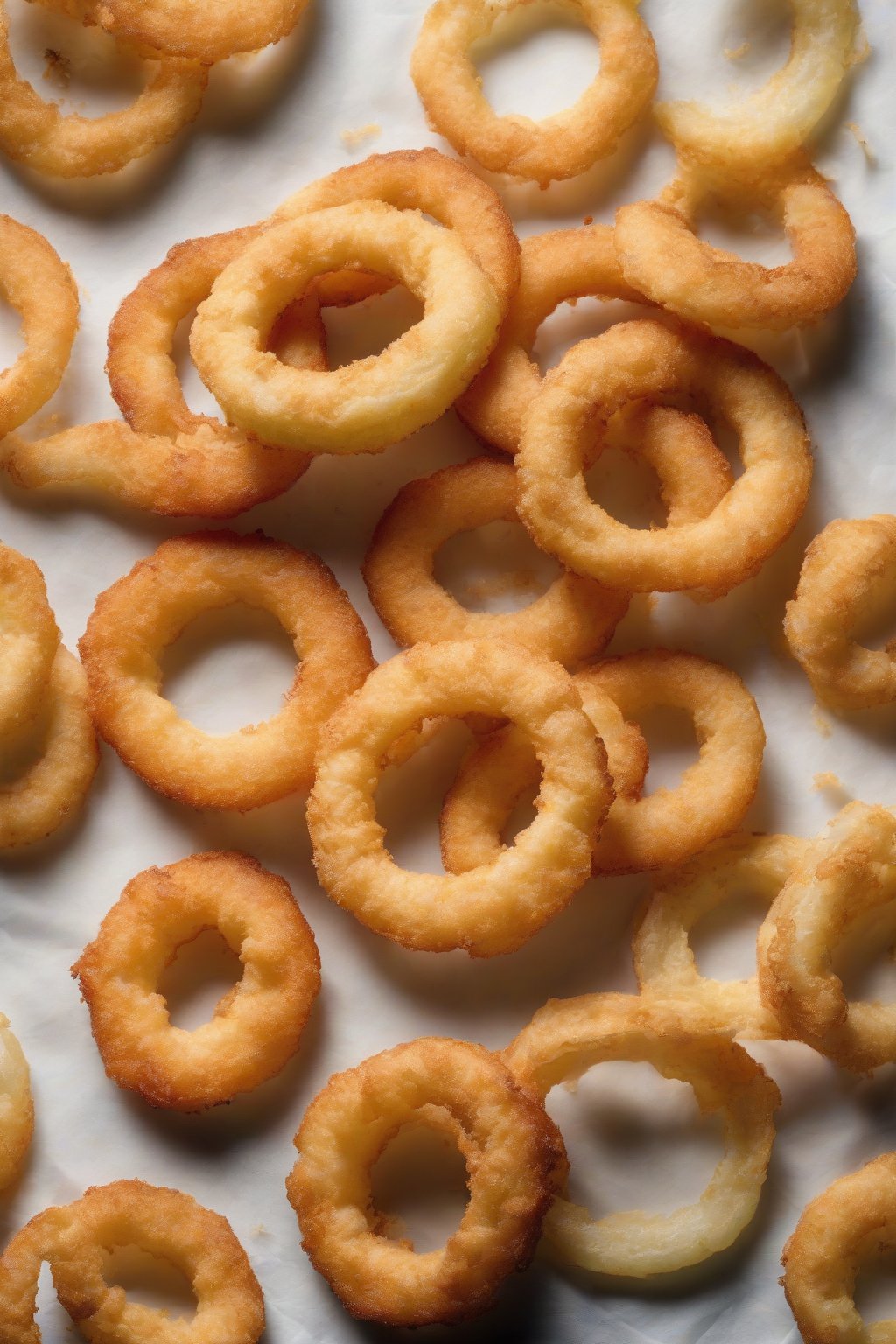 A high-resolution photo of gluten-free cornstarch onion rings floating ethereally under soft lighting.