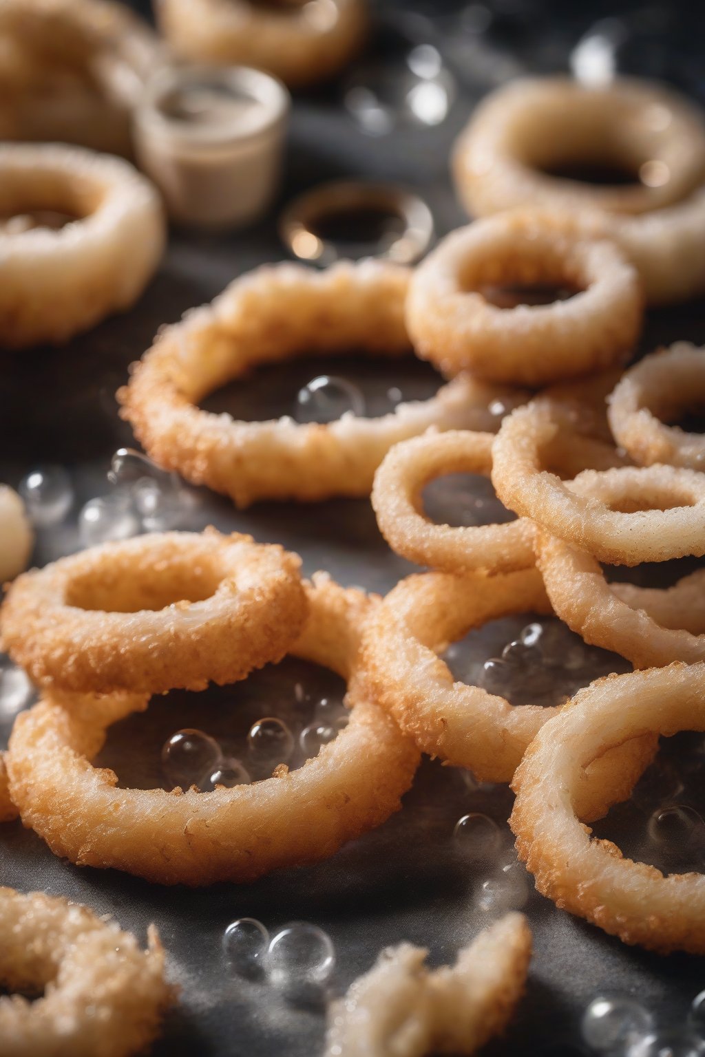 A high-resolution photo of vegan aquafaba onion rings with airy bubbles under soft lighting.