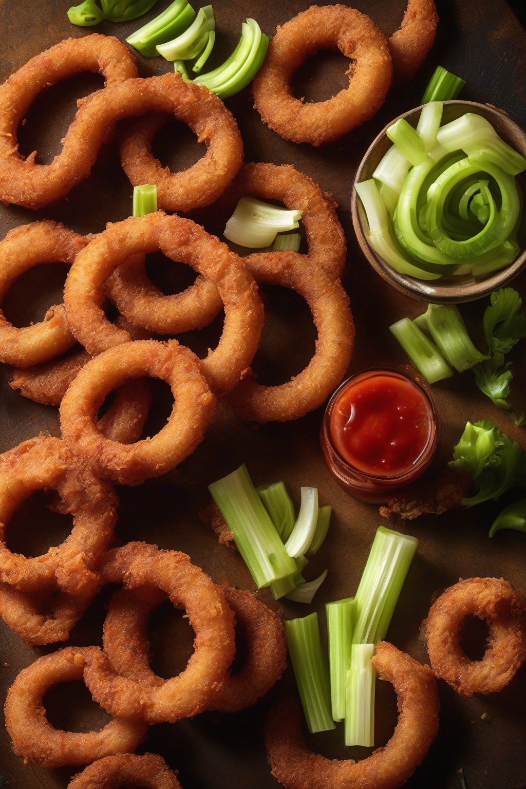 A high-resolution photo of vibrant red Bloody Mary onion rings garnished with celery under soft lighting.