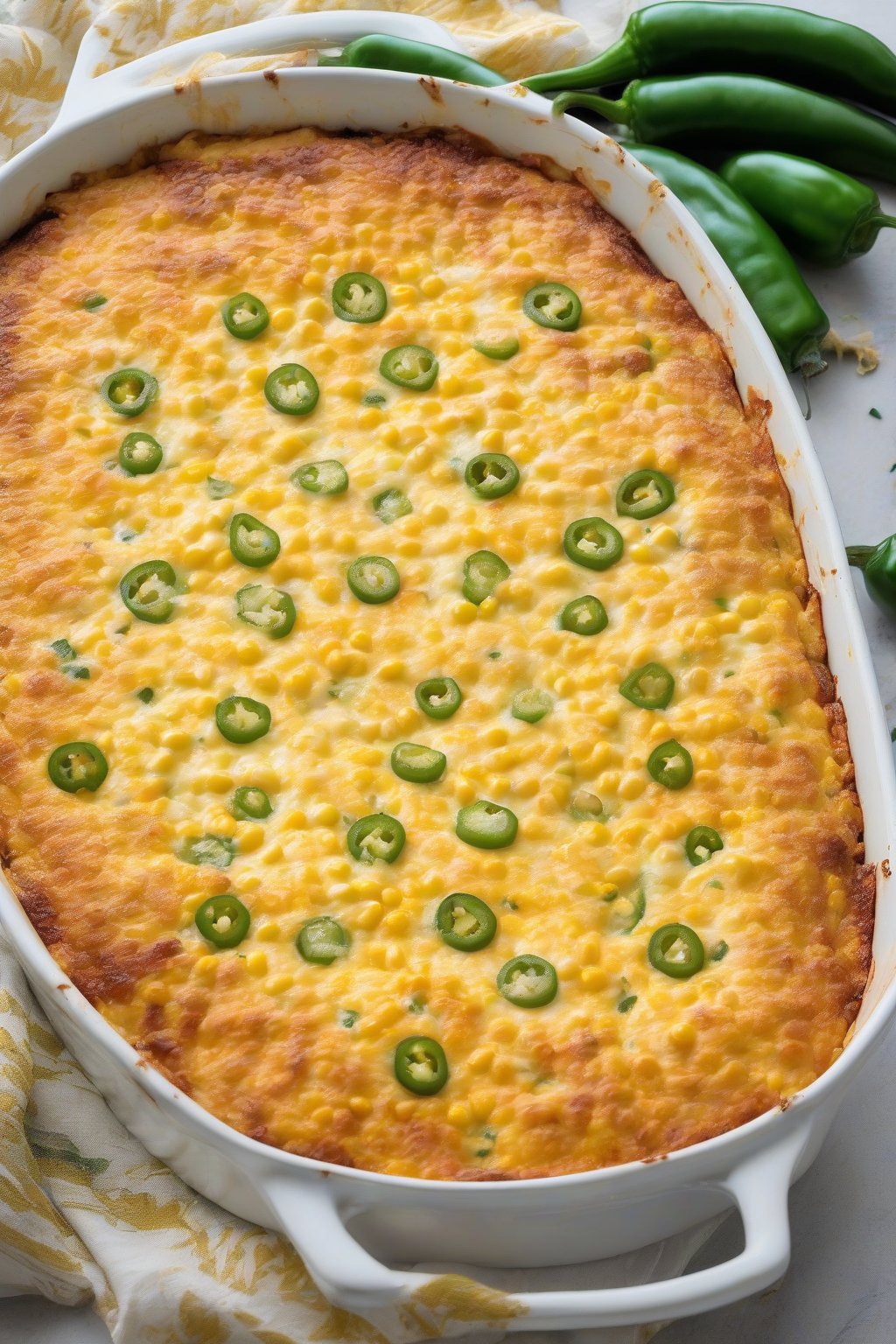 A high-resolution photo of spicy jalapeño cheesy Jiffy corn casserole, sliced to show green flecks and gooey cheese, under soft lighting.