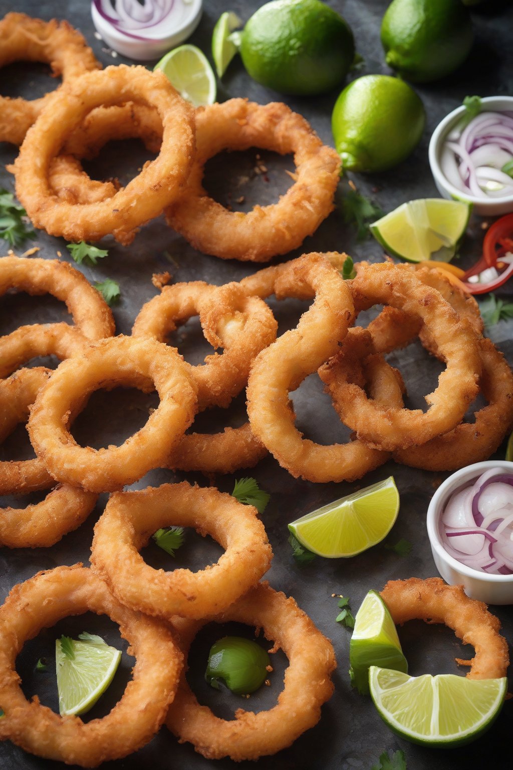 A high-resolution photo of zingy sriracha lime onion rings with lime wedges under soft lighting.