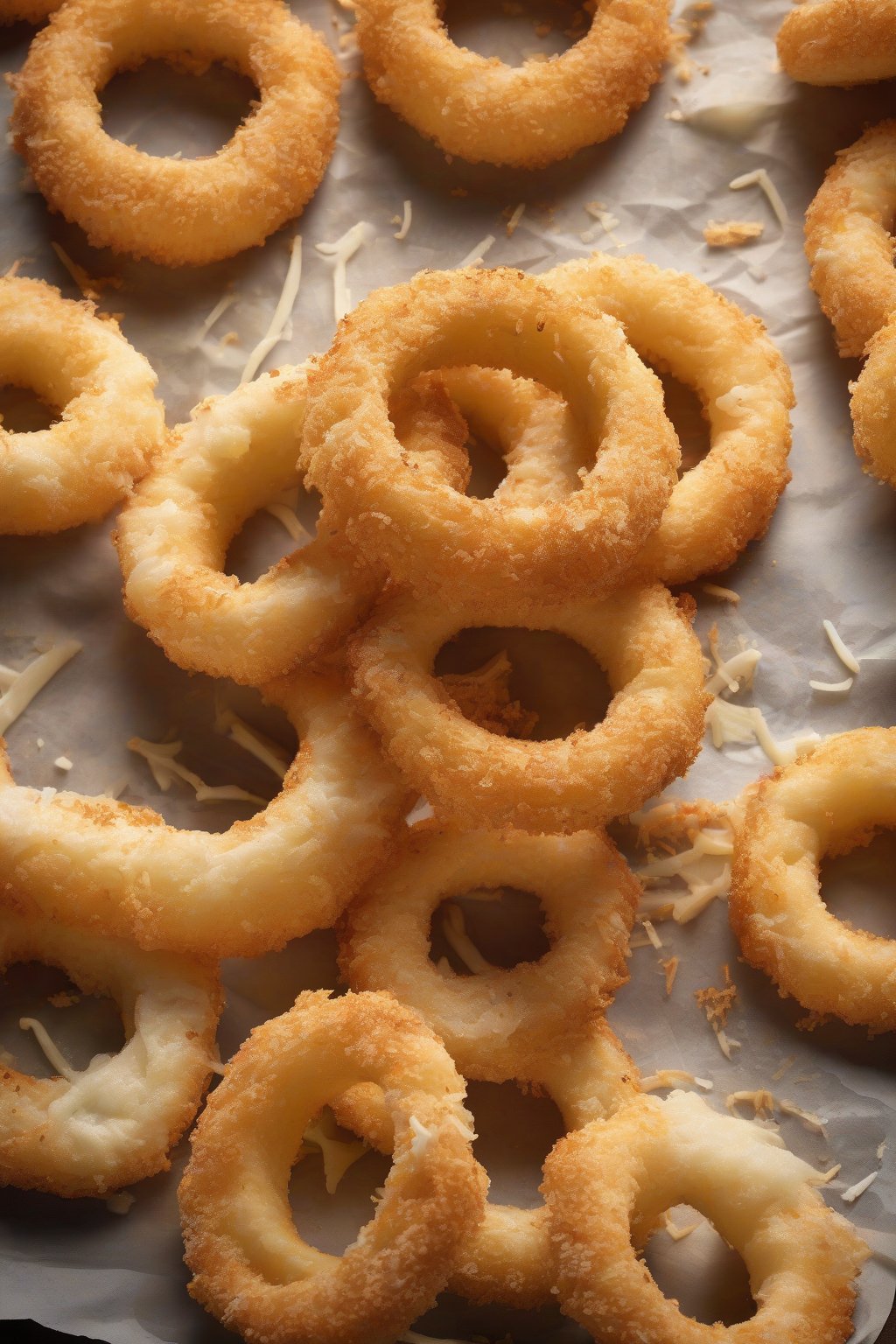 A high-resolution photo of elegant Parmesan truffle onion rings dusted with cheese under soft lighting.