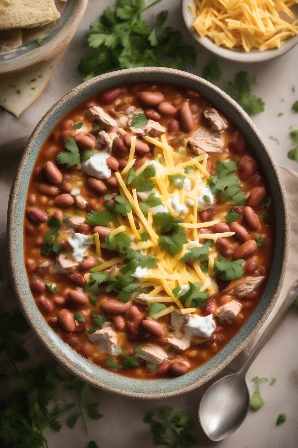 A high-resolution photo of a steaming bowl of classic pinto bean chicken chili topped with cheese and cilantro, under soft lighting.