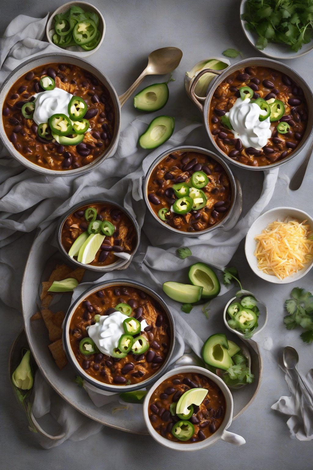 A high-resolution photo of spicy black bean chicken chili garnished with jalapeño slices and sour cream, under soft lighting.