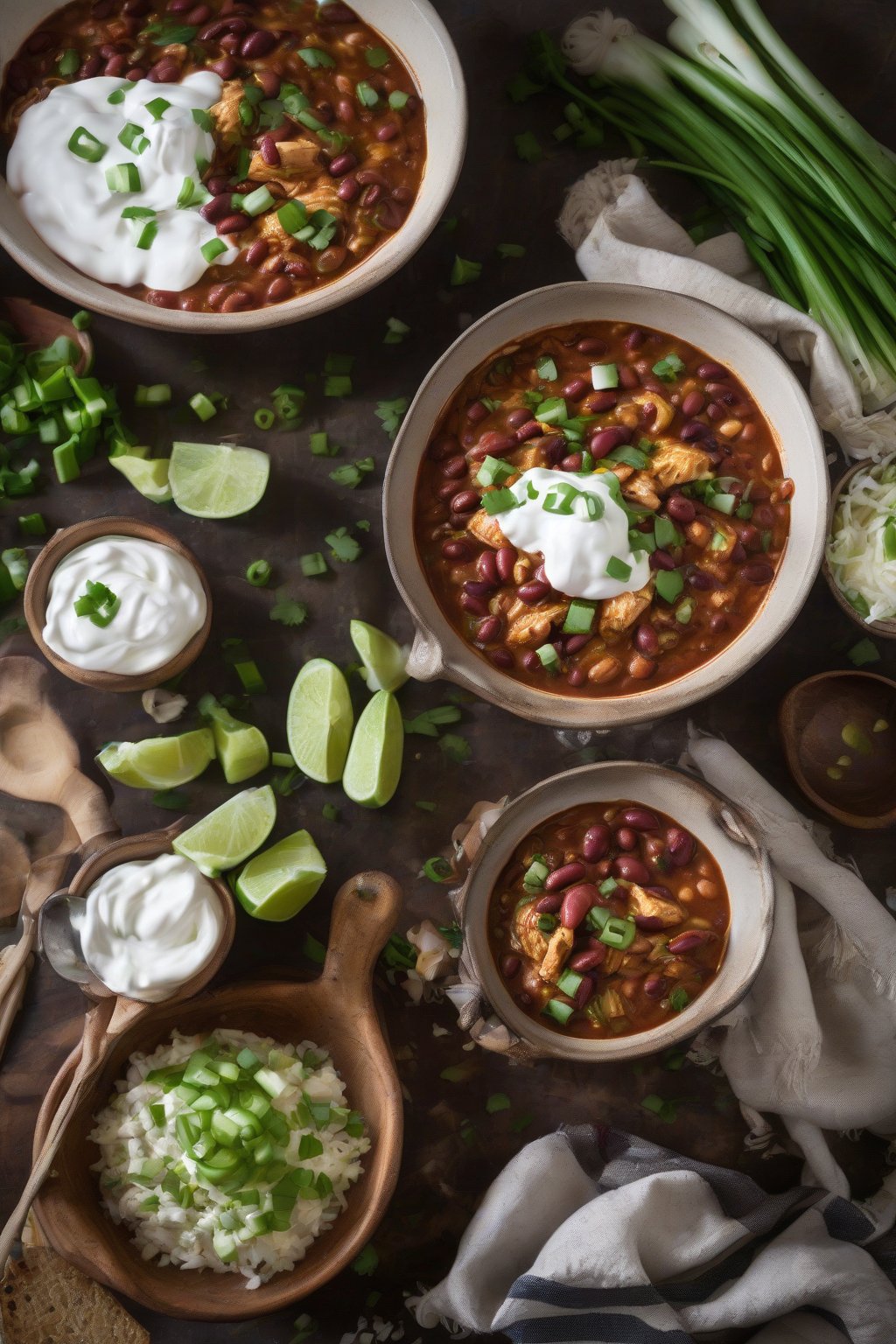 A high-resolution photo of smoky chipotle bean chicken chili with a swirl of yogurt and green onions, under soft lighting.