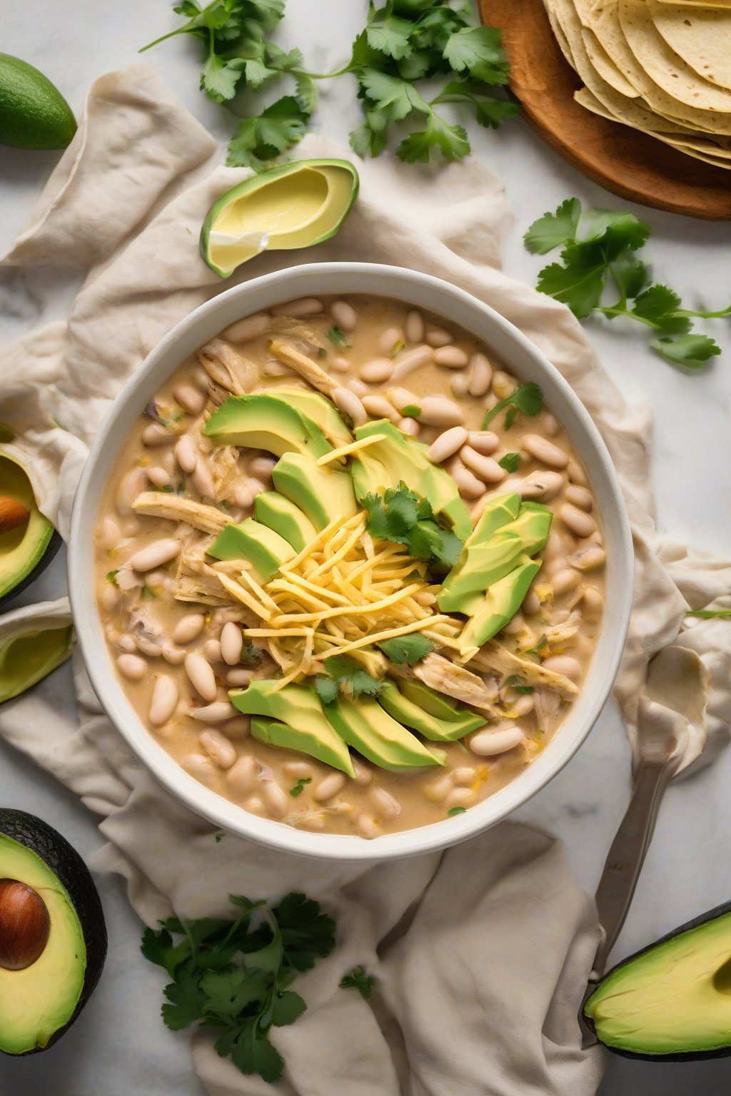 A high-resolution photo of creamy white bean chicken chili topped with avocado and tortilla strips, under soft lighting.