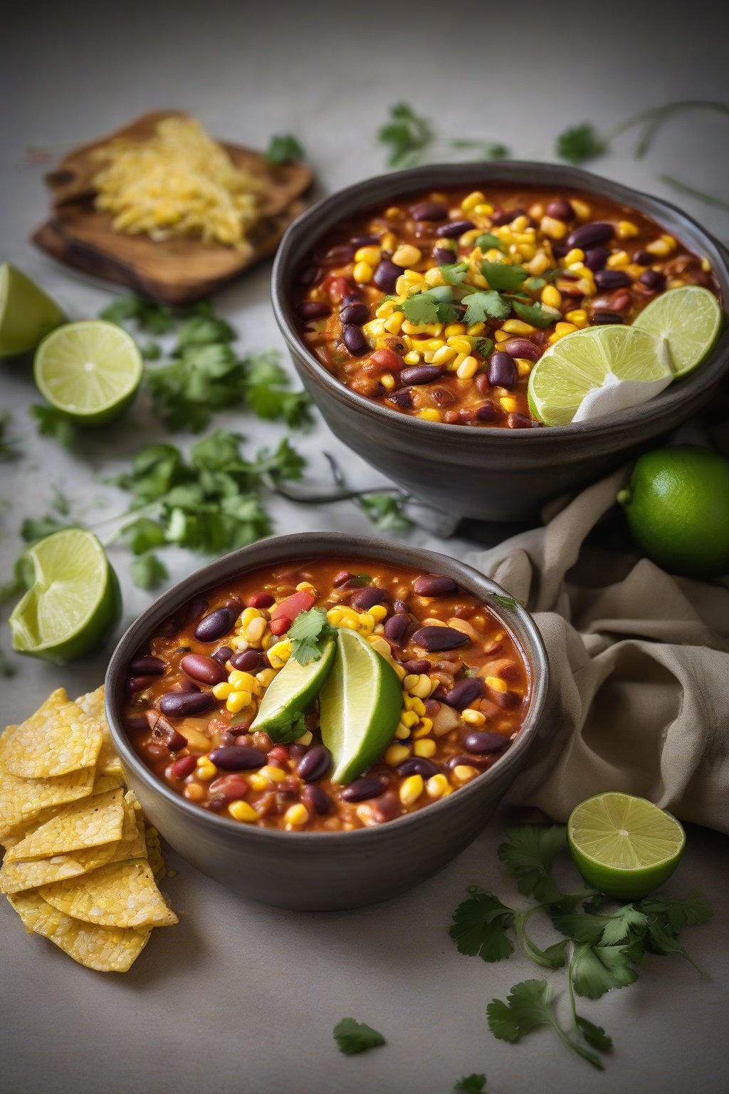 A high-resolution photo of fire-roasted corn and bean chicken chili with lime wedges and cilantro, under soft lighting.